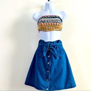 Belted Button Down Paper Bag Style Waist Jean Skirt Size M